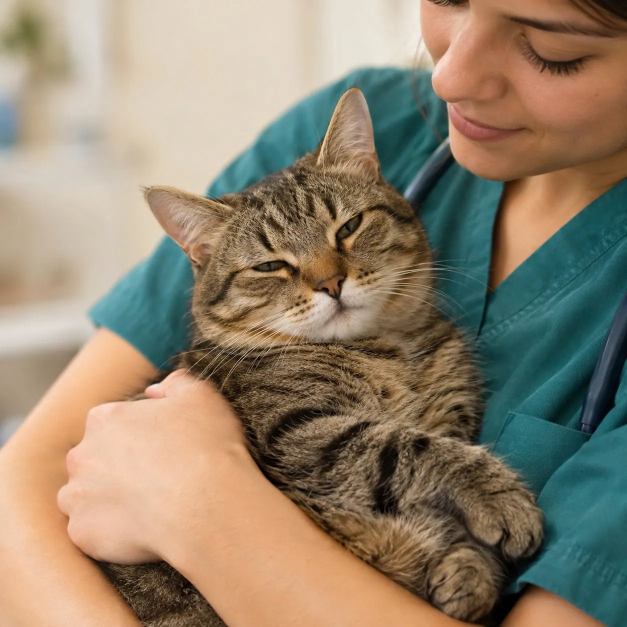Gato a descansar nos braços da veterinária