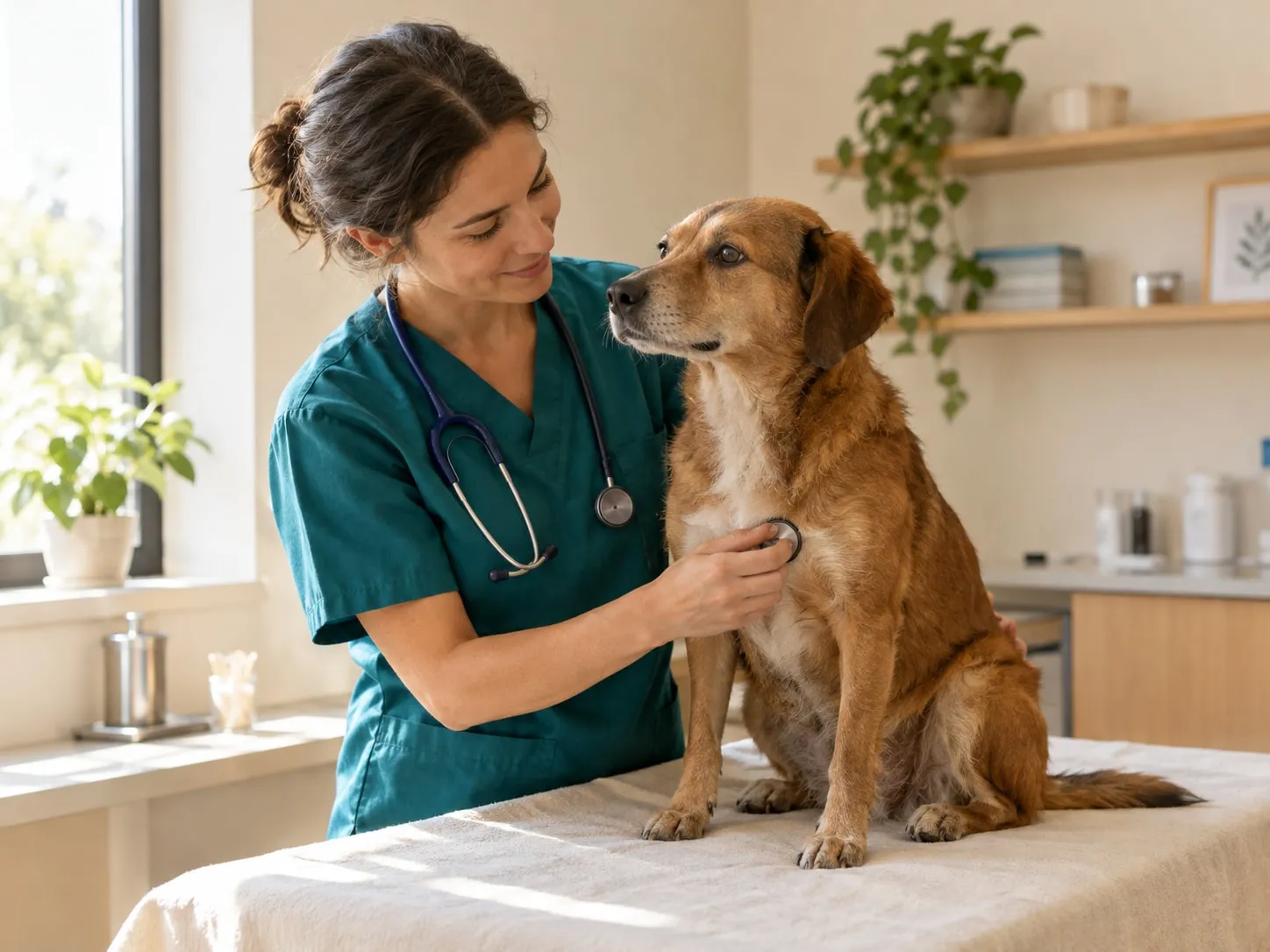 Veterinária a observar um cão com cuidado numa mesa coberta de linho